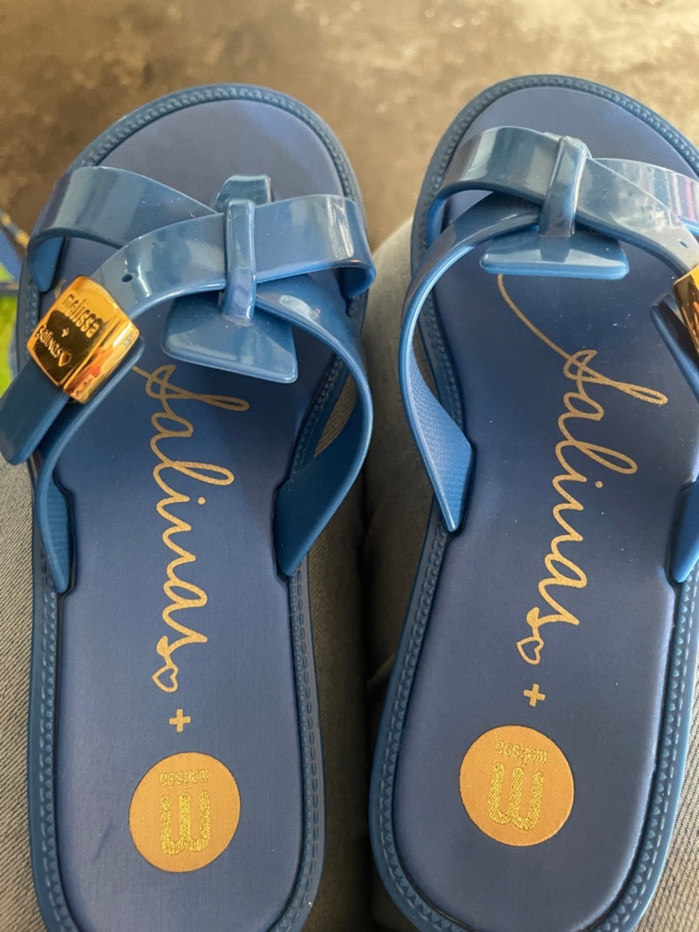 Salinas Women’s Glossy Blue Bow Slide Sandals with Gold Accent